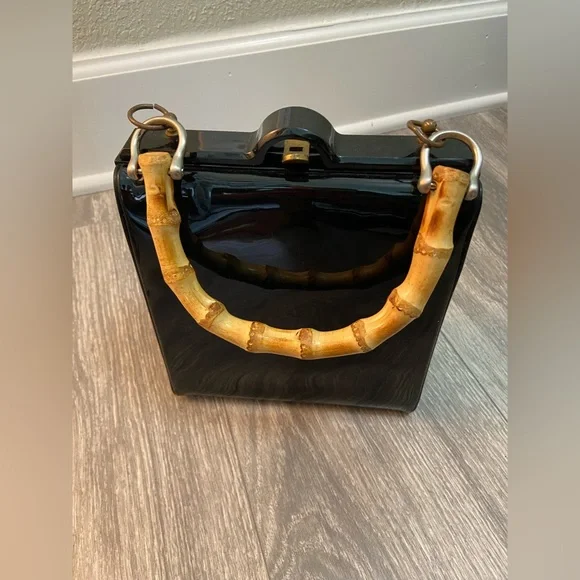 Vintage Evening Black Patent Vinyl Top Handle Handbag Purse, Bamboo Handle - Picture 6 of 11